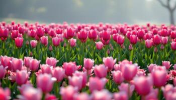 rows of pink tulips in gentle morning haze photo