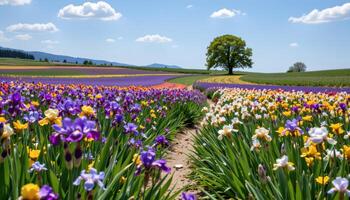 winding path through a field of irises photo