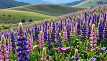 field of wild lupines with rolling hills photo