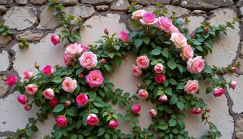 climbing roses covering a crumbling wall photo