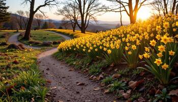 daffodils lining a winding hill path photo