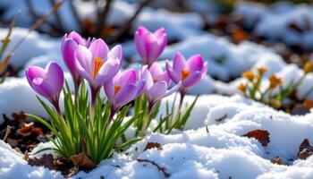 crocus blooms breaking through the snow photo