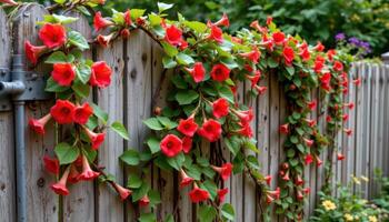 scarlet trumpet vines twisting on a fence photo