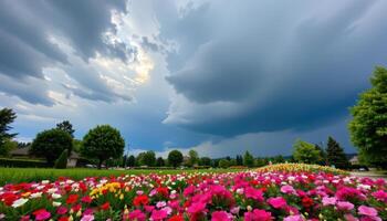 dense flowerbed beneath heavy storm clouds photo