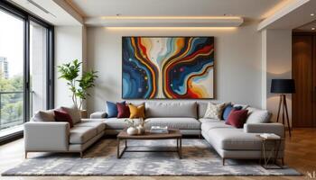 living room with oversized art and a plush corner sofa photo