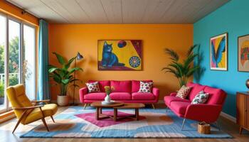 retro style living room with bold colors and 70s furniture photo
