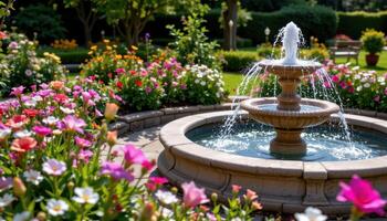 full bloom garden beside an empty fountain photo