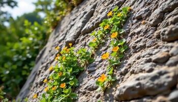 climbing nasturtium trailing down a rock face photo