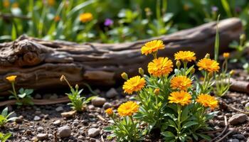 patch of bright calendulas near driftwood logs photo