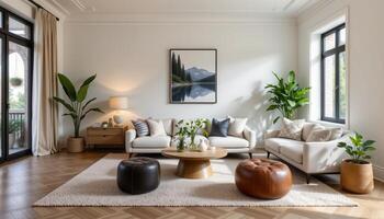 living room with herringbone rug and leather poufs photo
