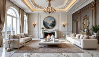 luxury living room with marble flooring and gold trim photo