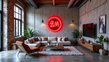 urban loft living room with neon sign and polished concrete photo