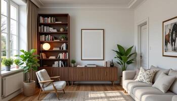 living room with a corner bookshelf and reading lamp photo
