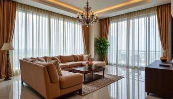 living room with floor to ceiling curtains and marble tiles photo