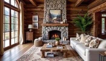 rustic living room with log cabin walls and wool throws photo