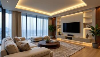 high tech living room with integrated smart lighting and screen photo