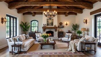 rustic living room with old beams and iron light fixtures photo