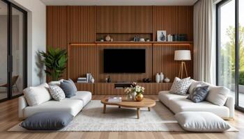 corner living room with floor cushions and low tables photo