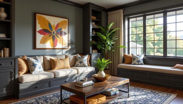 living room with built in bench seating and patterned pillows photo