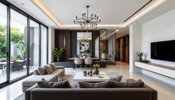 living room with glass partition and monochrome decor photo