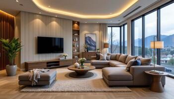 corner living room with triangle shaped sofa photo