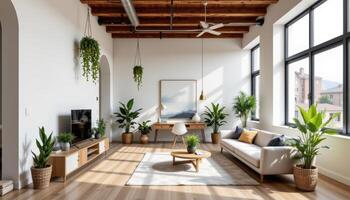 loft style living room with exposed ceiling and hanging plants photo