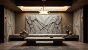 room with oversized light fixture and stone bench photo