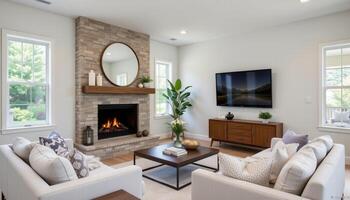 corner fireplace living room with modular seating photo