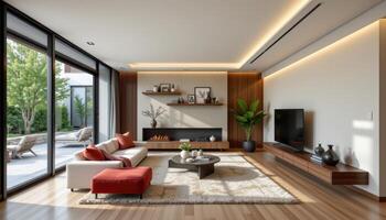 all glass corner living room with floating furniture photo
