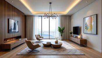 room with angular furniture and sculptural light fixture photo