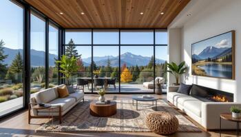 open corner living room with framed mountain view photo