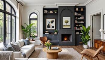 living room with corner library and ladder photo