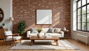 brick accented room with wooden coffee table photo