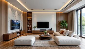 modular sofa room with retractable media wall photo