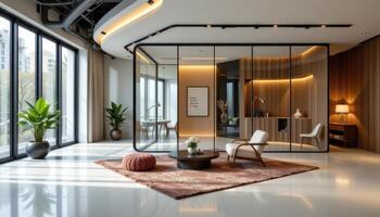 studio style room with glass divider and floor seating photo