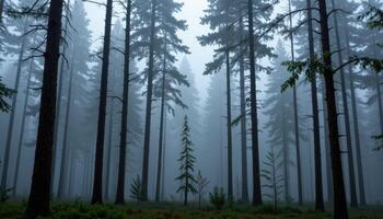 a dense pine forest in the fog, with tall trees disappearing into the mist. photo