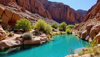 a hidden desert oasis surrounded by cliffs. photo