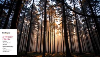 a twilight forest with fading light between tall trees. photo