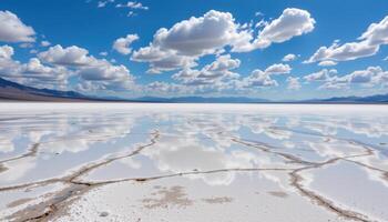 a vast salt flat reflecting the sky in surreal symmetry. photo