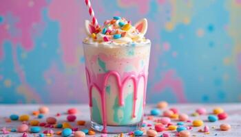 a pastel colored unicorn milkshake with candy toppings. photo