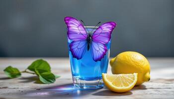 a glass of blue butterfly pea tea changing color in lemon light. photo