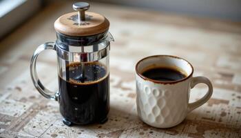 a french press with coffee brewing beside a ceramic mug. photo