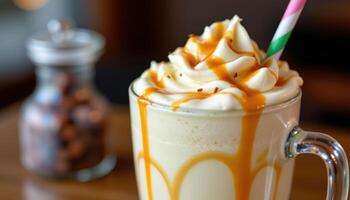 a creamy vanilla milkshake with caramel drizzle. photo