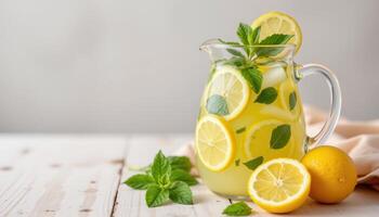 a glass pitcher of lemonade with lemon slices and mint leaves. photo