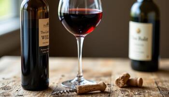 a bottle of red wine with a filled glass and a corkscrew beside it. photo