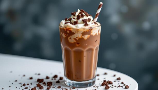 a cool iced cocoa drink topped with chocolate curls. photo