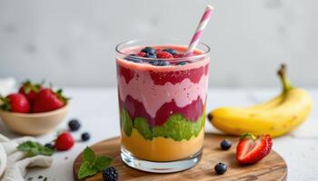 a smoothie bowl drink in a wide glass with layered colors. photo