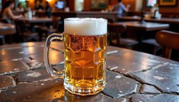 a frothy beer mug on a stone table with a pub vibe. photo