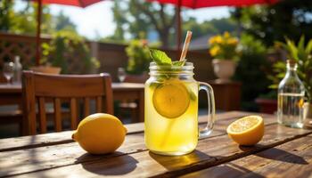 a cold lemonade in a jar on a table with sunlight streaming. photo