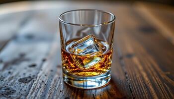 a crystal glass of scotch with a single ice cube melting slowly. photo